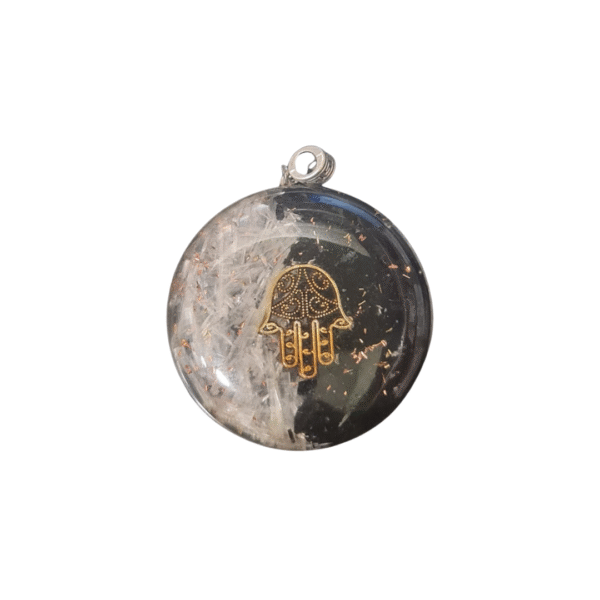 Pendente Orgonite Mão de Fátima com Selenite e Turmalina Negra