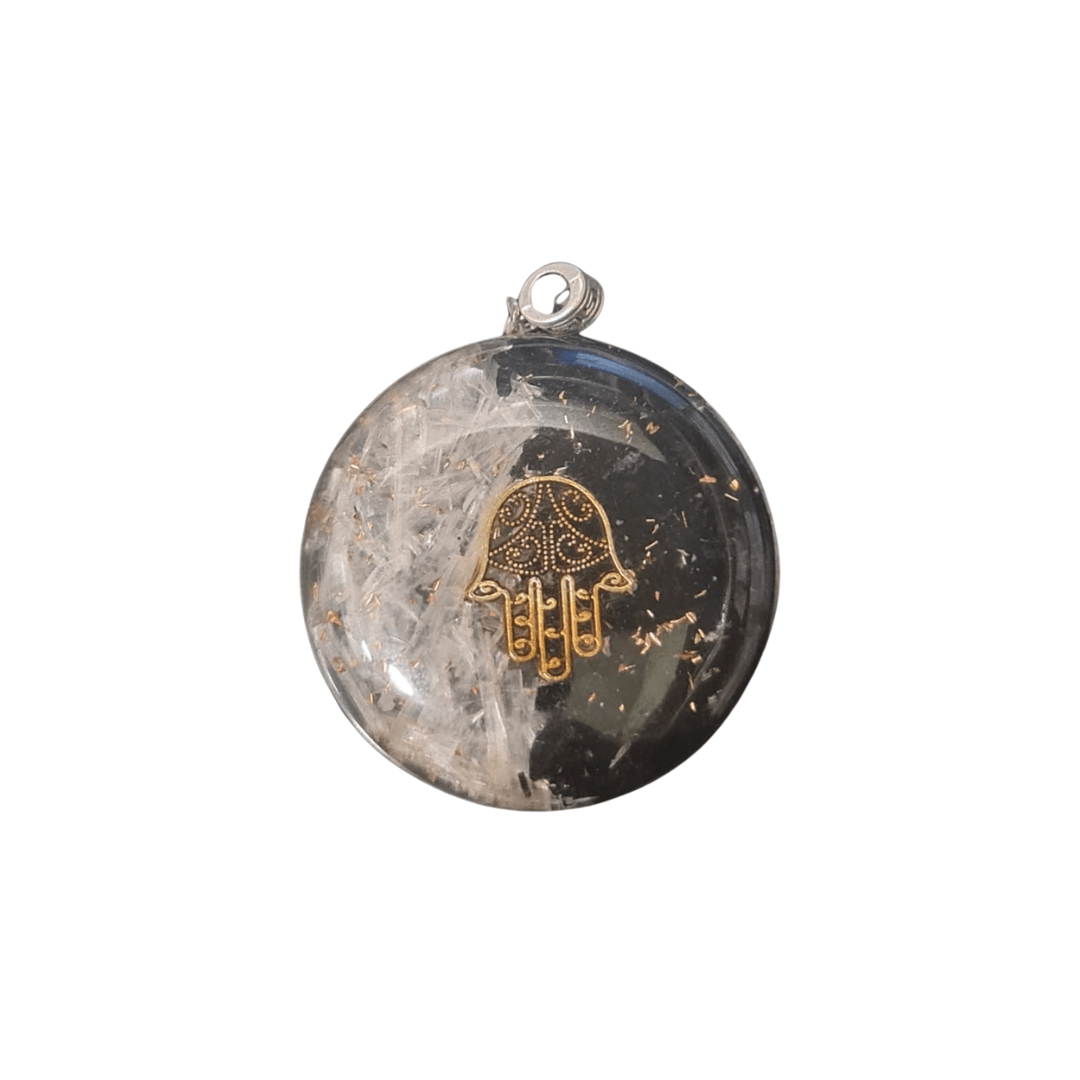 Pendente Orgonite Mão de Fátima com Selenite e Turmalina Negra